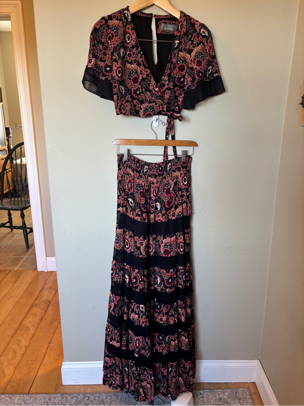 Anthropologie Black Floral Set, Tie-Front Top with Flowy Maxi Skirt